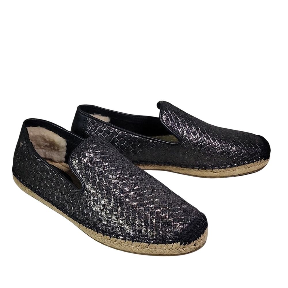Ugg Sandrinne Metallic Black Basket Weave Espadrille Flats Womens Size 7